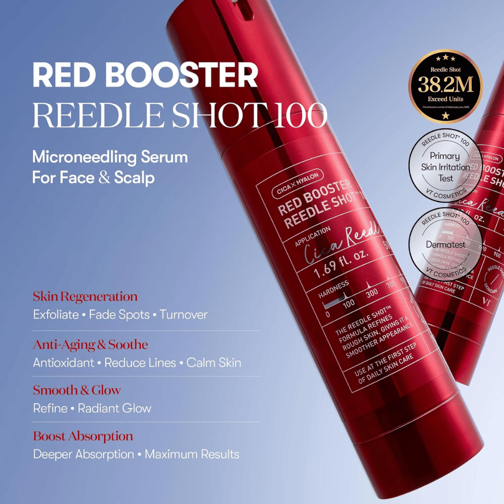 VT Cosmetics Red Booster Reedle Shot 100 serum do mikronakłuwania na twarz i skórę głowy, zaprojektowane do odnowy skóry, lepszego wchłaniania, efektu przeciwstarzeniowego, bardziej jednolitego kolorytu skóry i naturalnego blasku.