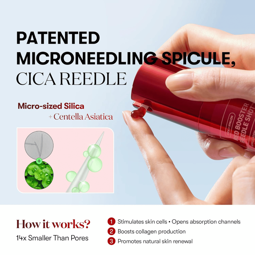 Zbliżenie na VT Cosmetics Red Booster Reedle Shot 100 pokazujące opatentowane mikronakłuwanie z CICA Reedle, mikroskopijną krzemionką i Centella Asiatica, które stymulują odnowę skóry i kolagen.