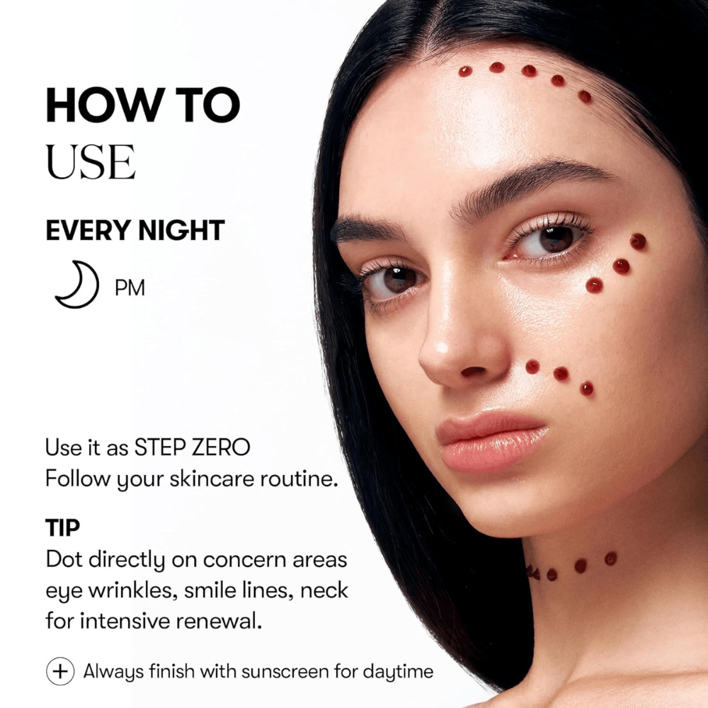 Model pokazuje, jak VT Cosmetics Red Booster Reedle Shot 100 jest nakładane punktowo na twarz wieczorem, jako pierwszy krok w rutynie pielęgnacyjnej, dla intensywnej odnowy zmarszczek, linii i struktury skóry.
