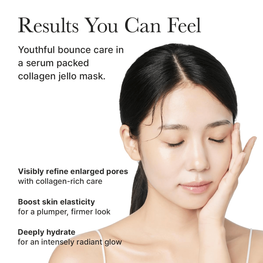 Rezultaty Arencia Red Collagen Jello Mask – widocznie jędrniejsza skóra, poprawiona elastyczność, zminimalizowane pory i intensywne nawilżenie z blaskiem.