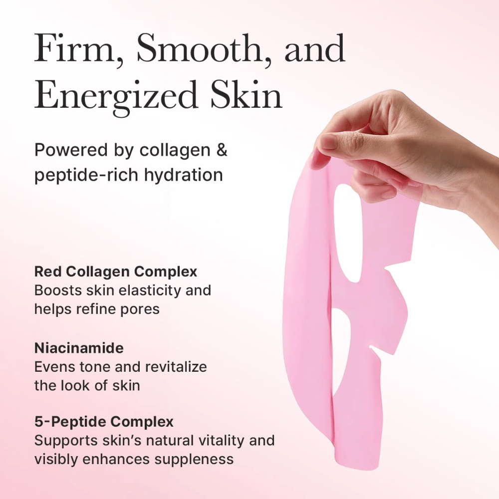 Zalety Arencia Red Collagen Jello Mask – wzbogacona czerwonym kolagenem, niacynamidem i peptydami, które wzmacniają elastyczność, wyrównują koloryt skóry i dodają energii skórze.
