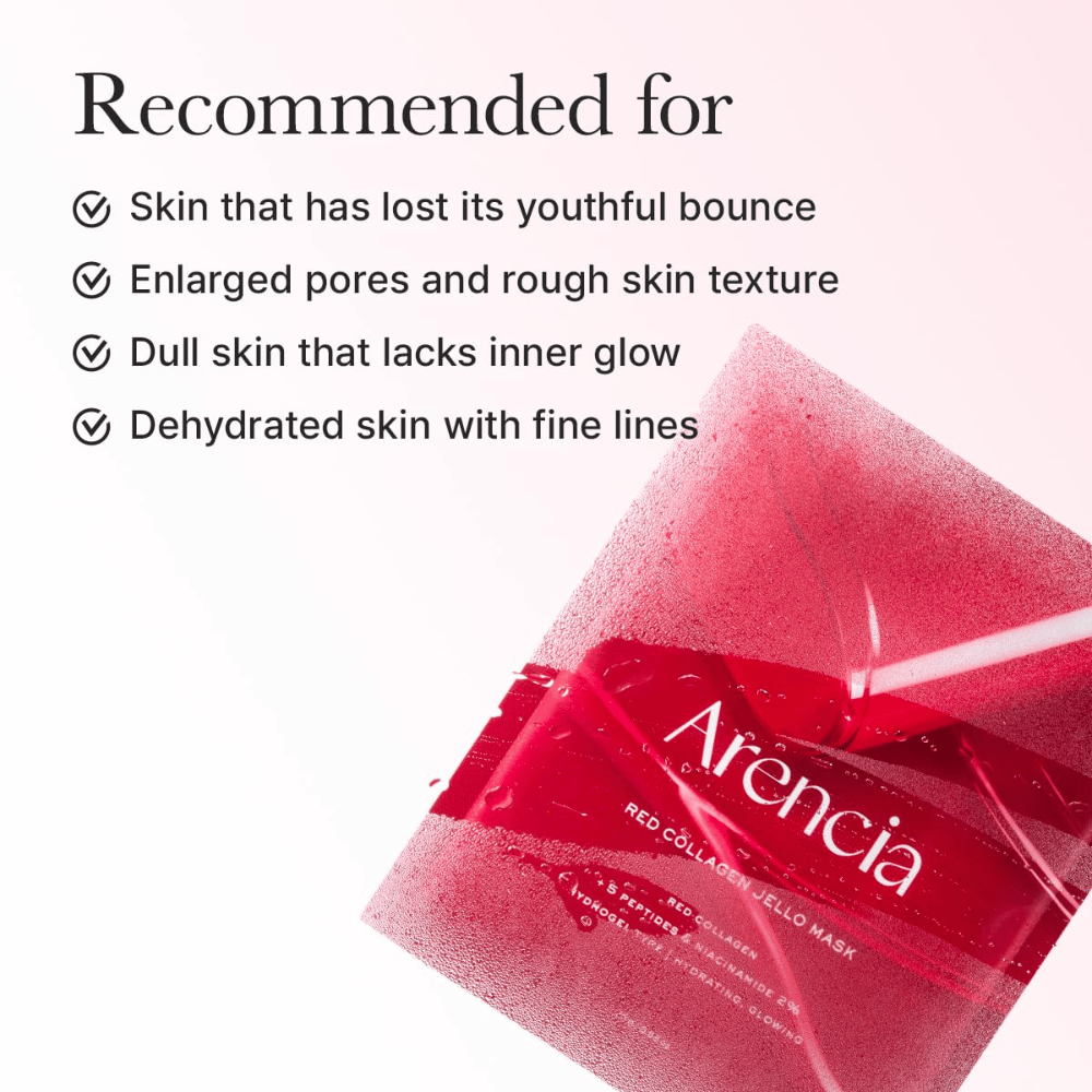 Arencia Red Collagen Jello Mask polecane dla zmęczonej skóry, powiększonych porów, nierównej struktury skóry i odwodnionej skóry z drobnymi liniami.