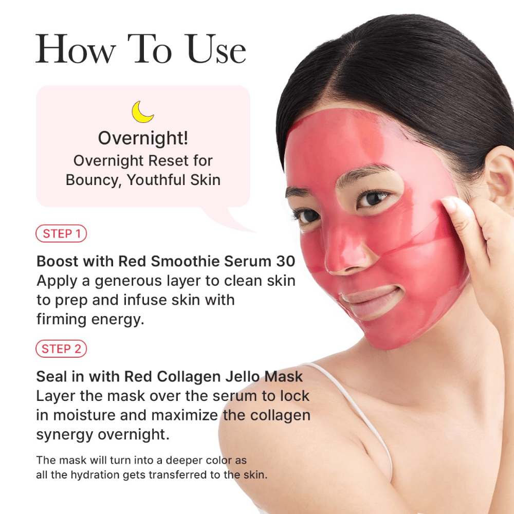Przewodnik po użyciu Arencia Red Collagen Jello Mask jako maski na noc – aplikuj po serum, aby zapewnić sprężystość, głębokie nawilżenie i młodzieńczą skórę przez noc.