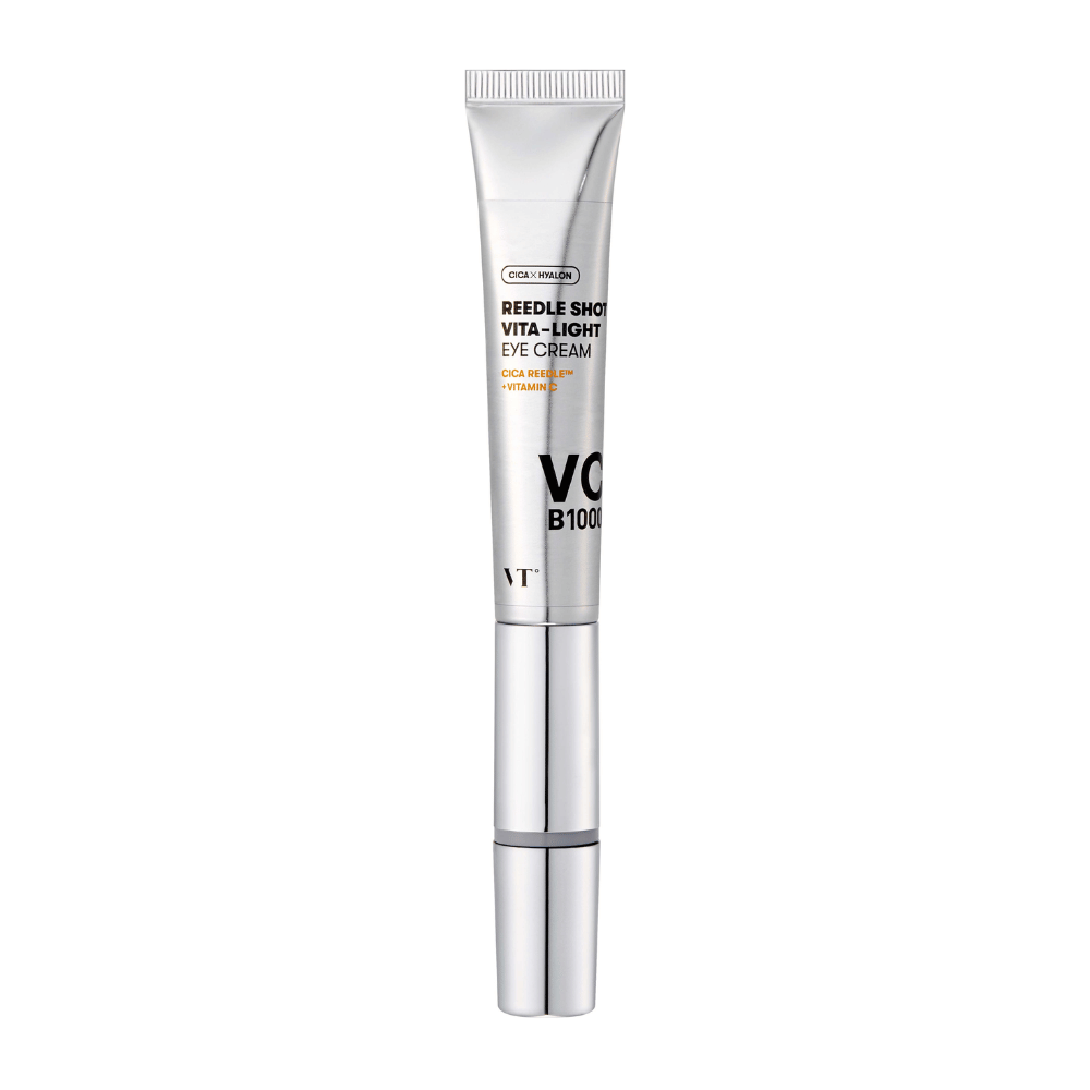 VT Reedle Shot Vita-Light Eye Cream w srebrnym opakowaniu z CICA, witaminą C i składnikami nawilżającymi, aby rozjaśnić i złagodzić obszar pod oczami.