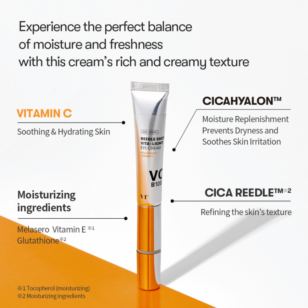 VT Reedle Shot Vita-Light Eye Cream z witaminą C, E i kompleksem CICA – krem pod oczy w metalicznej tubie, który nawilża, łagodzi i poprawia strukturę skóry.