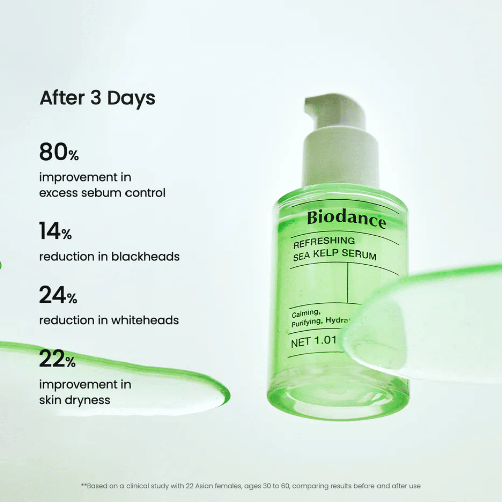 Rezultaty po 3 dniach stosowania Biodance Sea Kelp Serum – zmniejszona produkcja sebum i zredukowane zaskórniki.