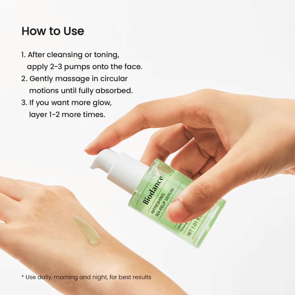Biodance Refreshing Sea Kelp Serum aplikowane na rękę – łagodzące i regulujące sebum serum z wodorostami.