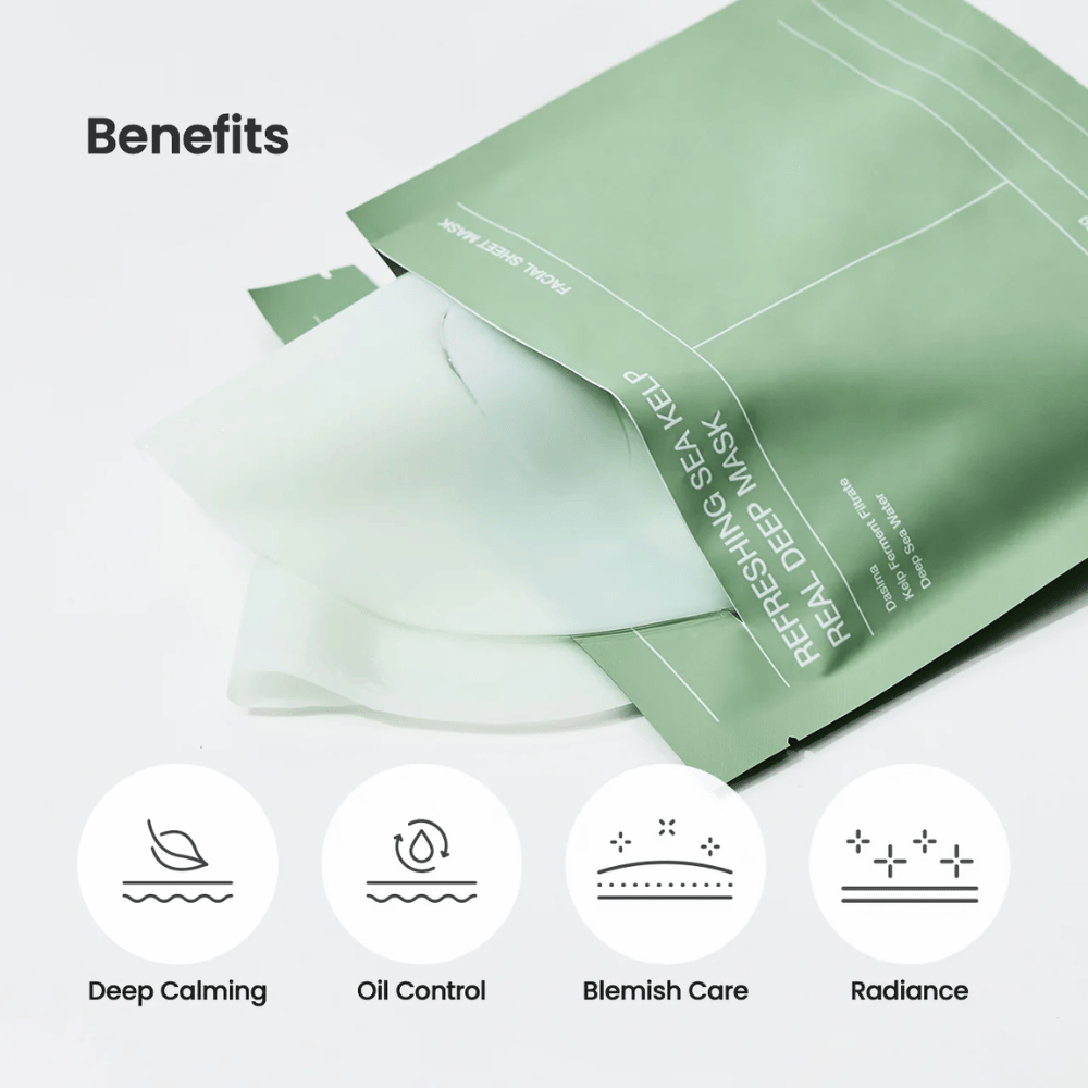 Zalety Refreshing Sea Kelp Real Deep Mask:
🌿 Głęboki efekt kojący
💧 Kontrola oleju
✨ Pielęgnacja niedoskonałości
🌟 Blask i promienna skóra