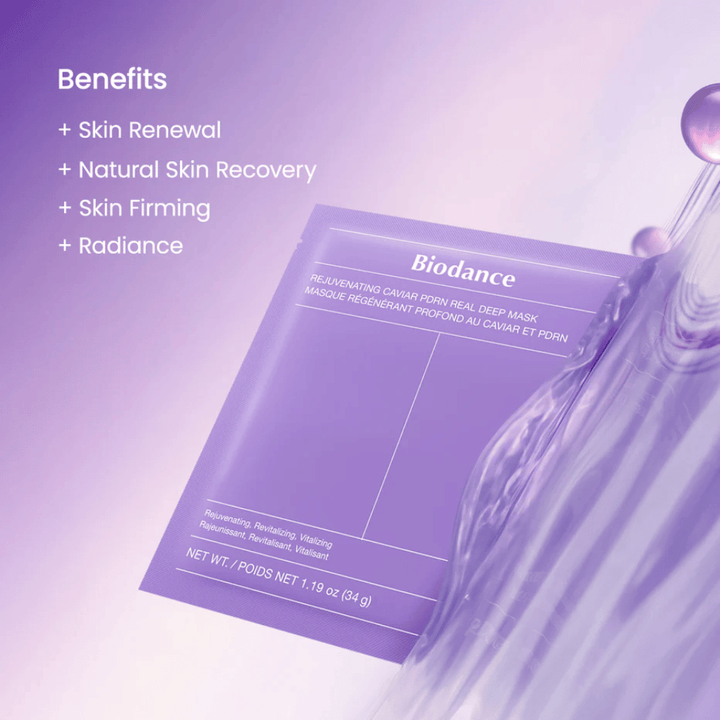 Biodance Rejuvenating Caviar PDRN Real Deep Mask na modelce z naturalnym blaskiem i widocznym połyskiem po użyciu