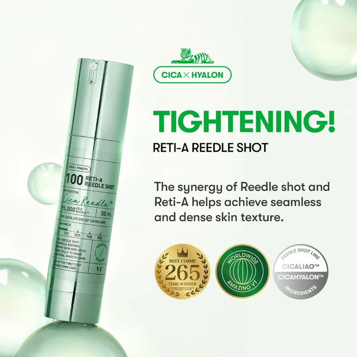 Zdjęcie produktu VT Reti-A Reedle Shot 100 z naciskiem na efekt ujędrniający, Cica i Hyalon, które zapewniają gładszą, bardziej napiętą i elastyczną skórę.