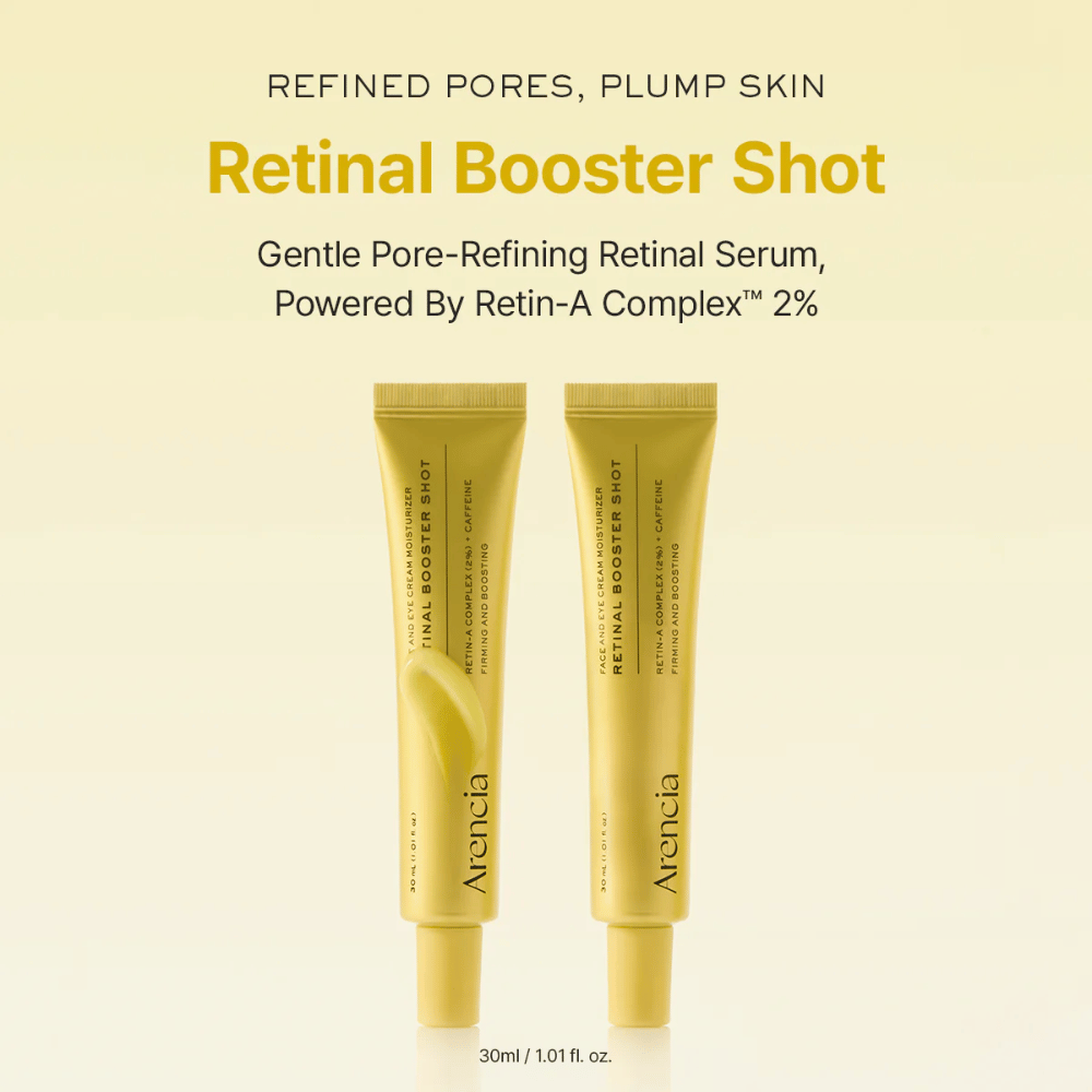 Prezentacja produktu Arencia Retinal Booster Shot 2%, łagodnego serum retinalowego dla zredukowanych porów, wypełnionej skóry i gładszej struktury skóry.