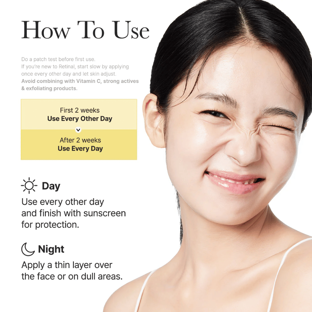 Obraz instrukcji dla Arencia Retinal Booster Shot z zalecanym stosowaniem co drugi dzień przez pierwsze dwa tygodnie, a następnie codziennie, rutyna dzienna i nocna dla retinalu.