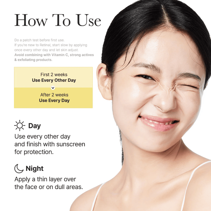 Obraz instrukcji dla Arencia Retinal Booster Shot z zalecanym stosowaniem co drugi dzień przez pierwsze dwa tygodnie, a następnie codziennie, rutyna dzienna i nocna dla retinalu.