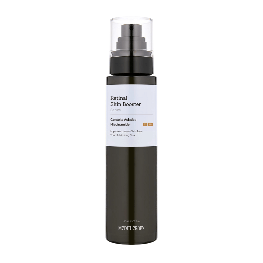 Meditherapy Retinal Skin Booster Serum w ciemnej butelce z pompką. Formuła z Centella Asiatica i niacynamidem poprawia koloryt skóry i nadaje młodzieńczy blask.
