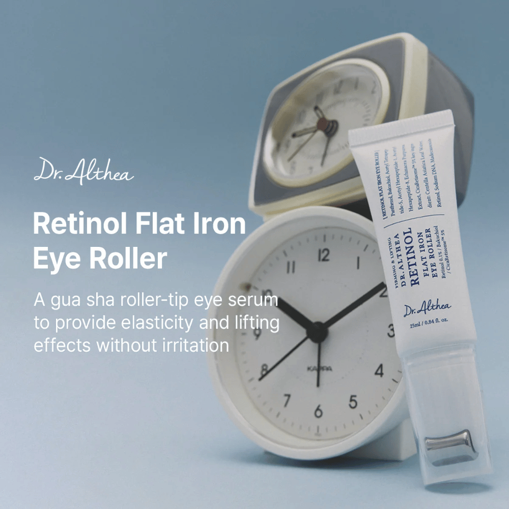 Dr. Althea Retinol Flat Iron Eye Roller Serum pod oczy z efektem liftingu, który wzmacnia elastyczność skóry i nadaje jej bardziej wypoczęty wygląd.
