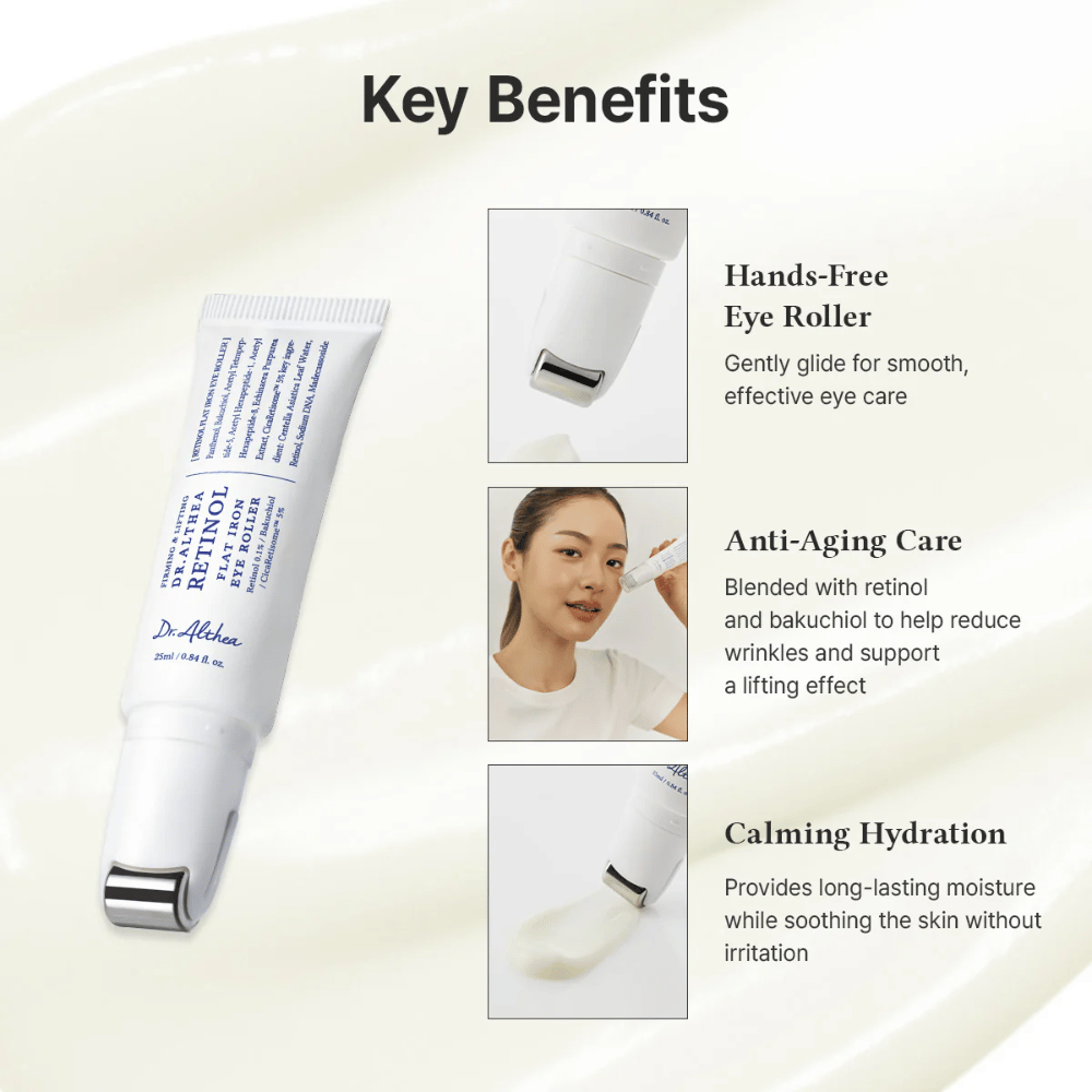 Dr. Althea Retinol Flat Iron Eye Roller z metalową rolką dla efektu chłodzenia, właściwościami przeciwstarzeniowymi i długotrwałym nawilżeniem bez podrażnień.