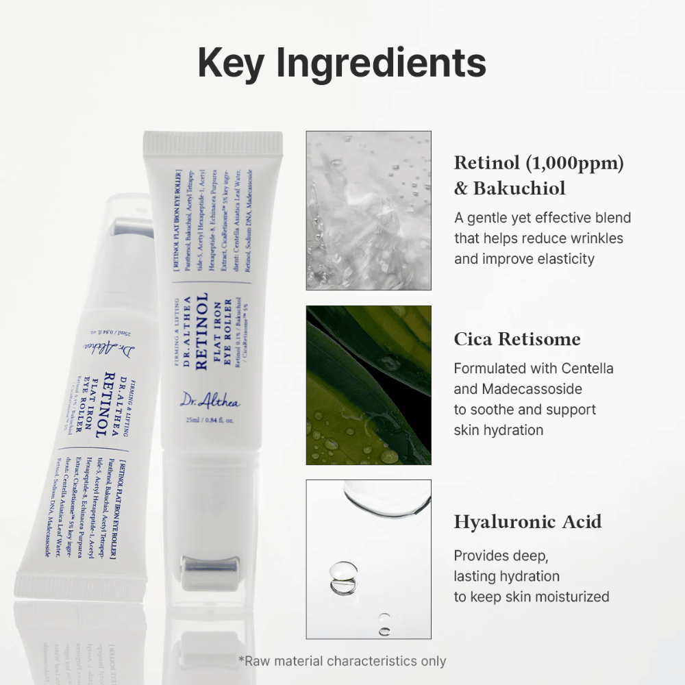 Dr. Althea Retinol Flat Iron Eye Roller z retinolem, bakuchiolem, cica i kwasem hialuronowym, który nawilża, łagodzi i redukuje zmarszczki.