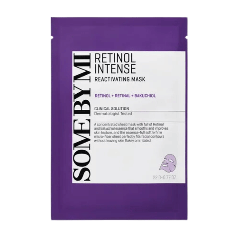 Obraz pokazuje opakowanie "Retinol Intense Reactivating Mask", produktu do pielęgnacji skóry, który zawiera retinol, retinal i bakuchiol. Maska jest testowana dermatologicznie.