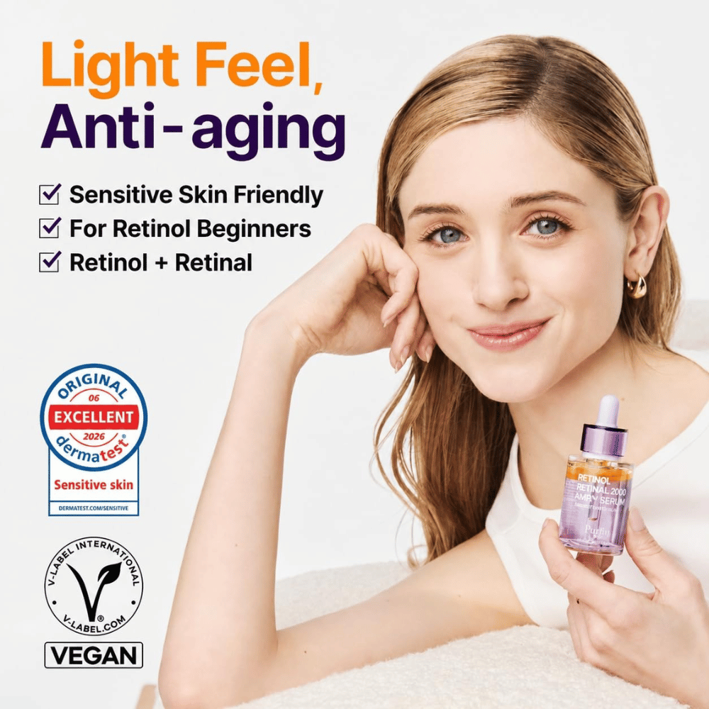 PURITO SEOUL Retinol Retinal 2000 NAD+ Serum – wegańskie serum retinoidowe przeciw starzeniu się skóry, dla skóry wrażliwej i początkujących w stosowaniu retinolu.
