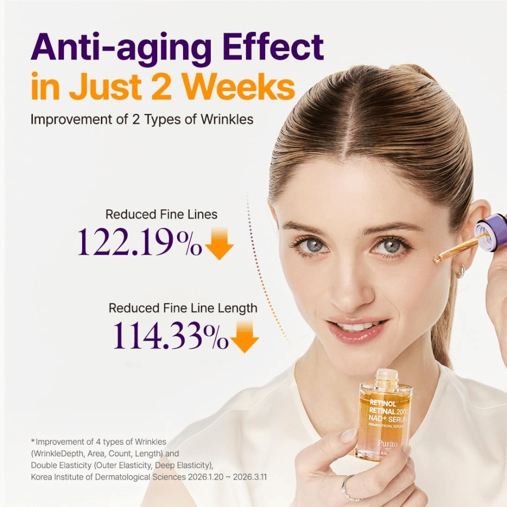 PURITO SEOUL Retinol Retinal 2000 NAD+ Serum – koreańskie serum przeciwstarzeniowe opracowane w celu zmniejszenia widoczności drobnych linii i zmarszczek.