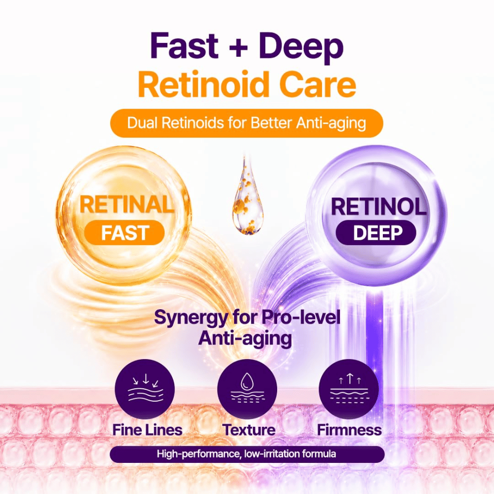 PURITO SEOUL Retinol Retinal 2000 NAD+ Serum łączy retinal i retinol, aby przeciwdziałać drobnym liniom oraz poprawić strukturę i jędrność skóry.