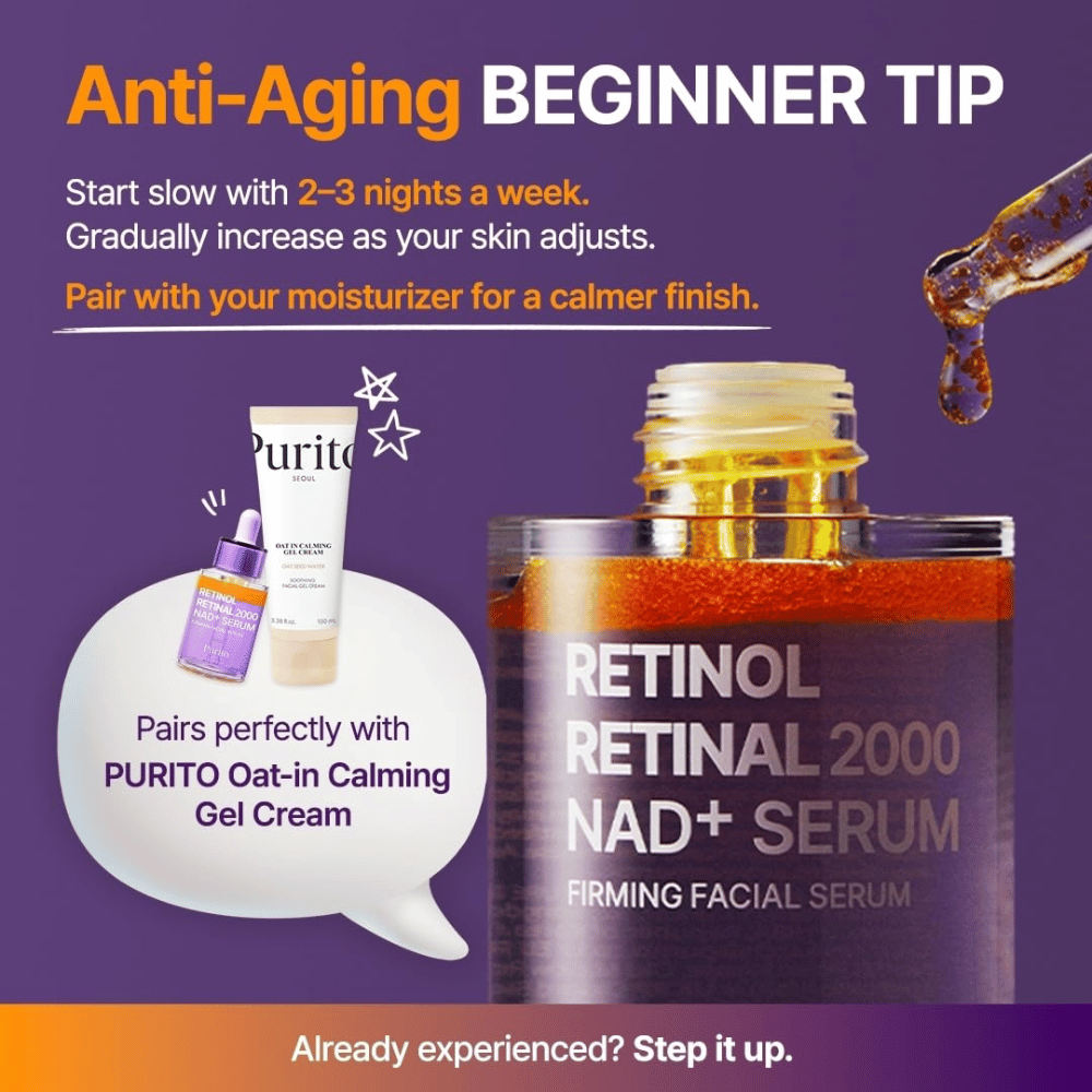 PURITO SEOUL Retinol Retinal 2000 NAD+ Serum – zacznij stosować serum 2–3 wieczory w tygodniu i najlepiej łącz je z nawilżającym kremem.