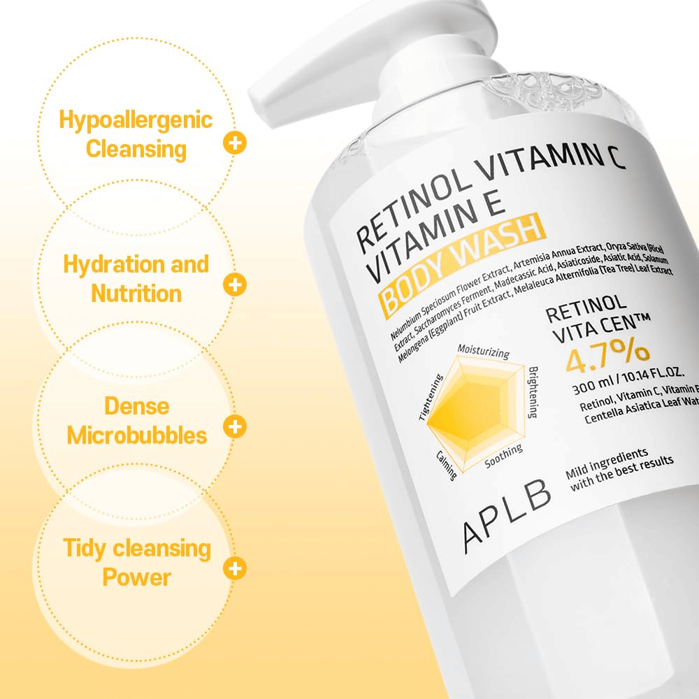 3. APLB Retinol Vitamin C Vitamin E Body Wash – nawilżający żel do mycia ciała z retinolem, witaminą C, witaminą E i centellą