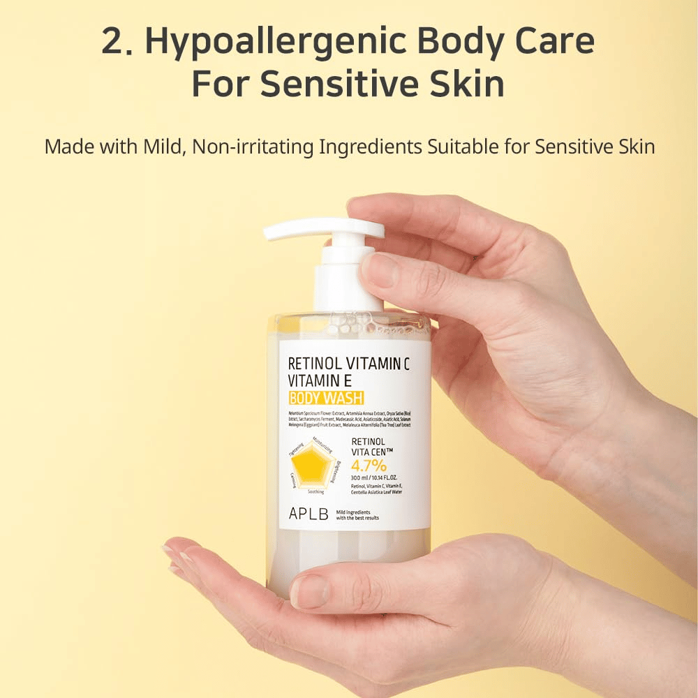 1. APLB Retinol Vitamin C Vitamin E Body Wash – łagodny i nawilżający preparat do mycia ciała dla skóry wrażliwej