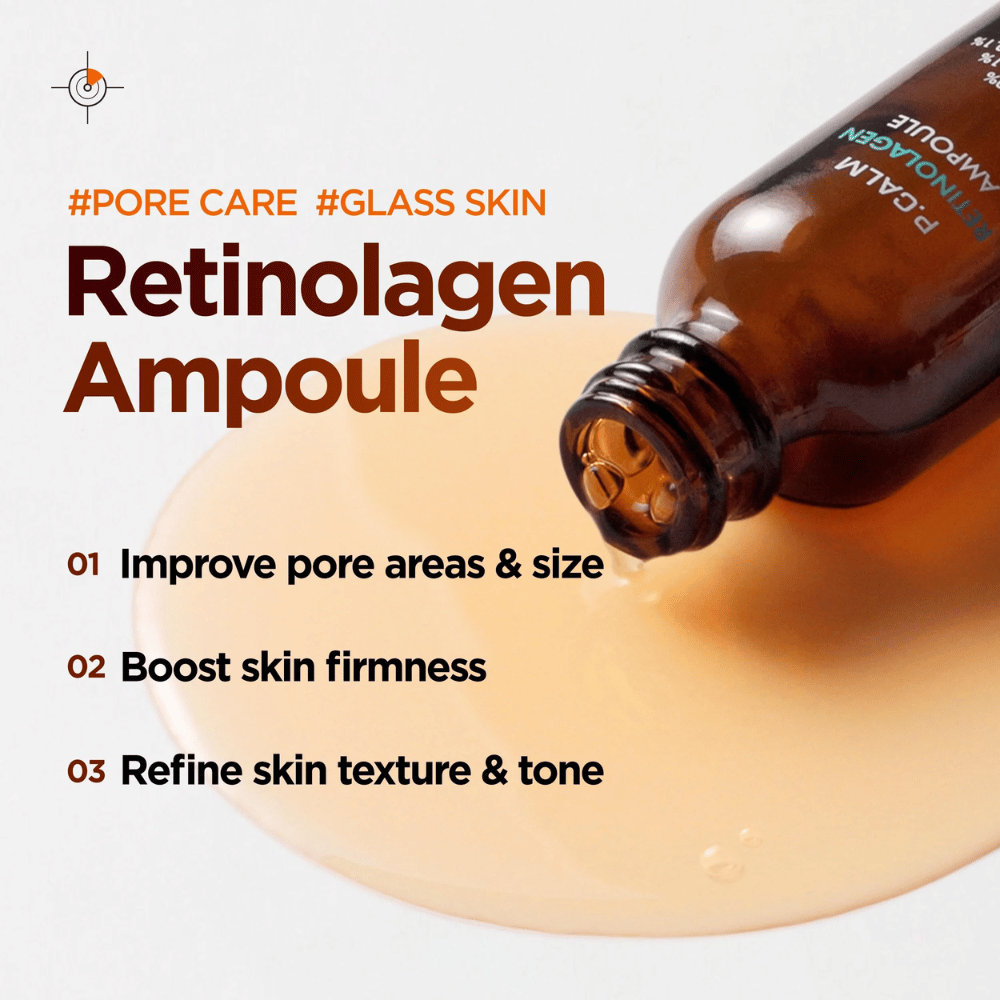 Grafika marketingowa dla P.CALM Retinolagen Ampoule, przedstawiająca serum spływające z butelki po złocistej teksturze serum. Obraz podkreśla korzyści, takie jak poprawa wyglądu porów, zwiększona jędrność skóry i bardziej wyrównany koloryt.