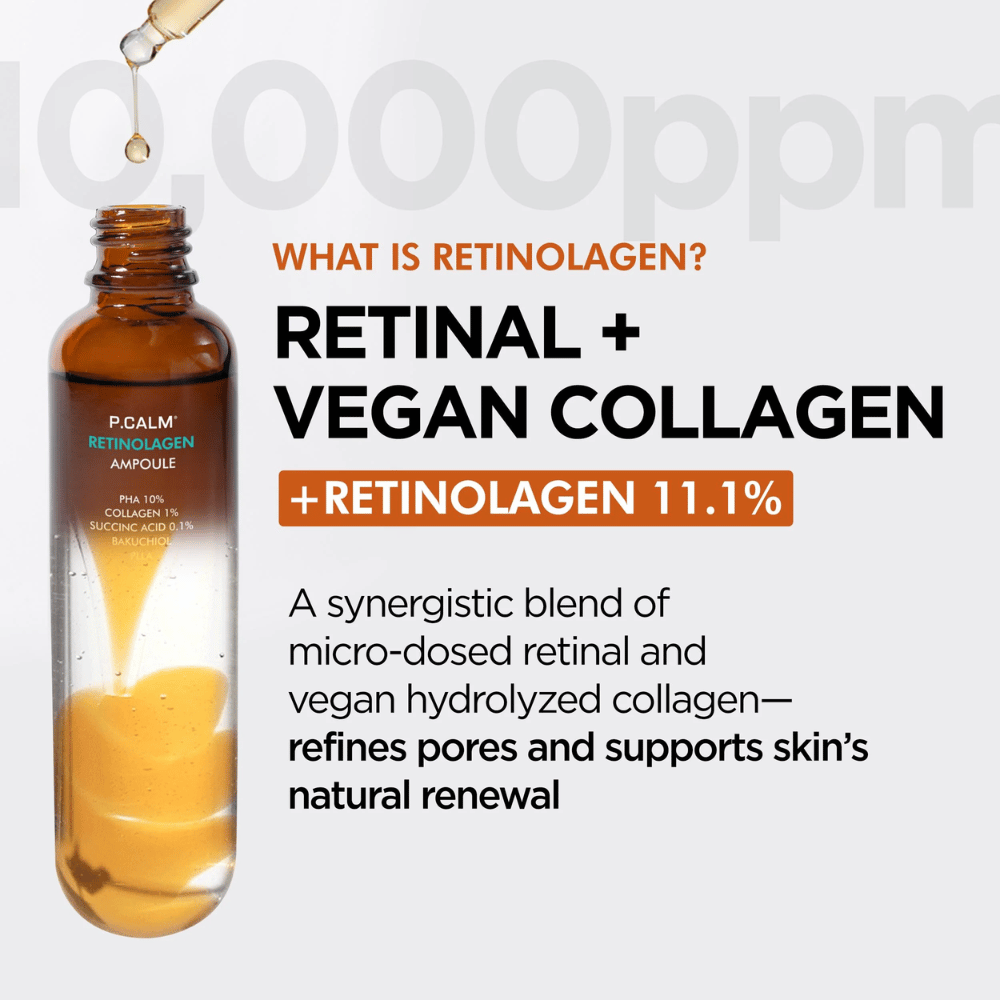 Zdjęcie produktowe P.CALM Retinolagen Ampoule wraz z informacją o „Retinolagenie”, połączeniu retinalu i wegańskiego kolagenu. Grafika podkreśla odnowę skóry, poprawę jej struktury i zwężenie porów.