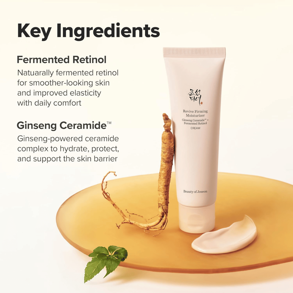 Obraz – składniki (SEO + EEAT)
Beauty of Joseon Revive Firming Moisturizer z ceramidem z żeń-szenia i fermentowanym retinolem, które wzmacniają barierę skórną i poprawiają elastyczność skóry.