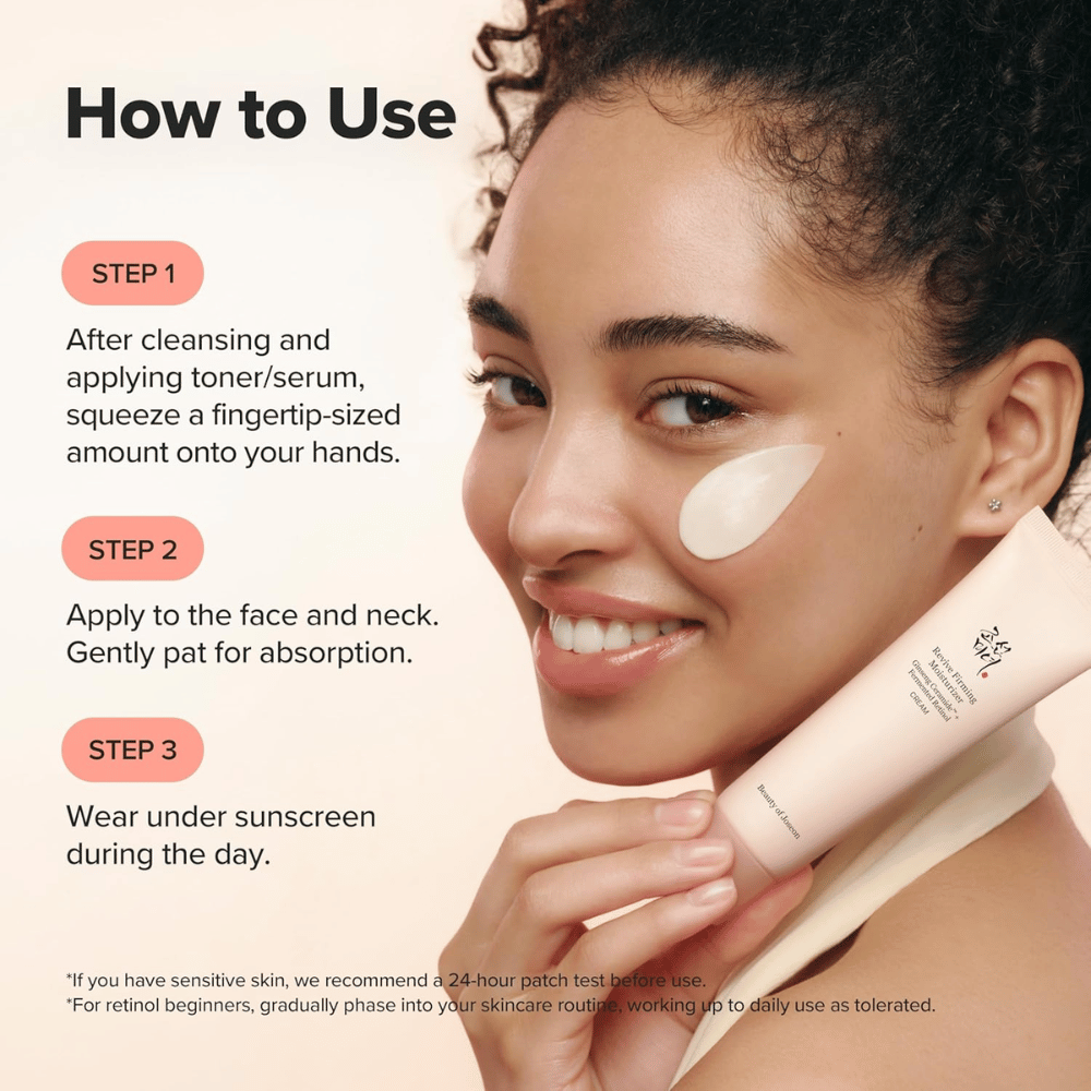 Obraz – how to use / aplikacja
Beauty of Joseon Revive Firming Moisturizer nakłada się na twarz po oczyszczeniu, nawilża skórę i poprawia elastyczność dzięki retinolowi.