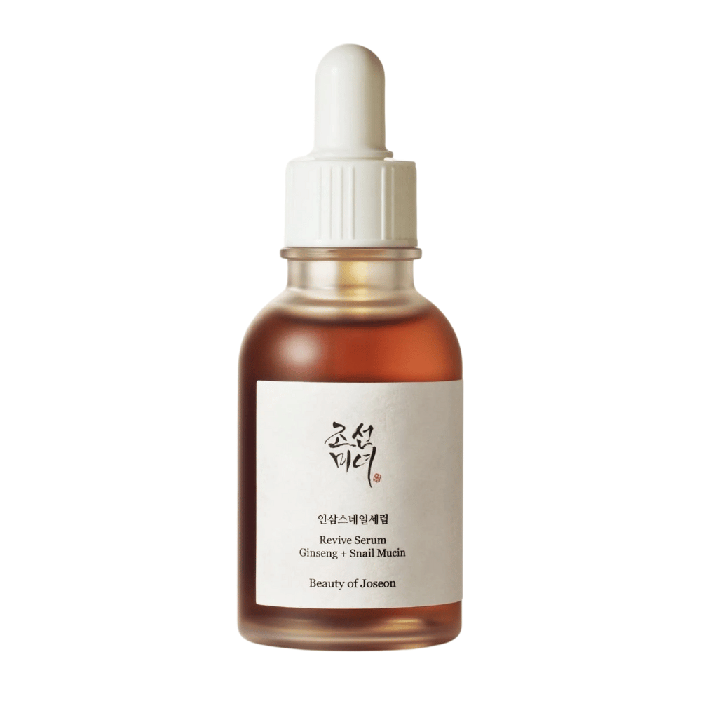 Zdjęcie produktu Beauty of Joseon Revive Serum Ginseng + Snail Mucin w brązowej szklanej butelce – serum przeciwstarzeniowe dla jędrniejszej skóry.