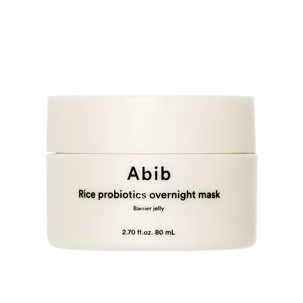 Produktbild na Abib Rice Probiotics Overnight Mask Barrier Jelly – biała puszka z czarnym napisem zawierająca 80 ml maski na noc do wzmocnienia bariery ochronnej skóry i nawilżenia skóry.