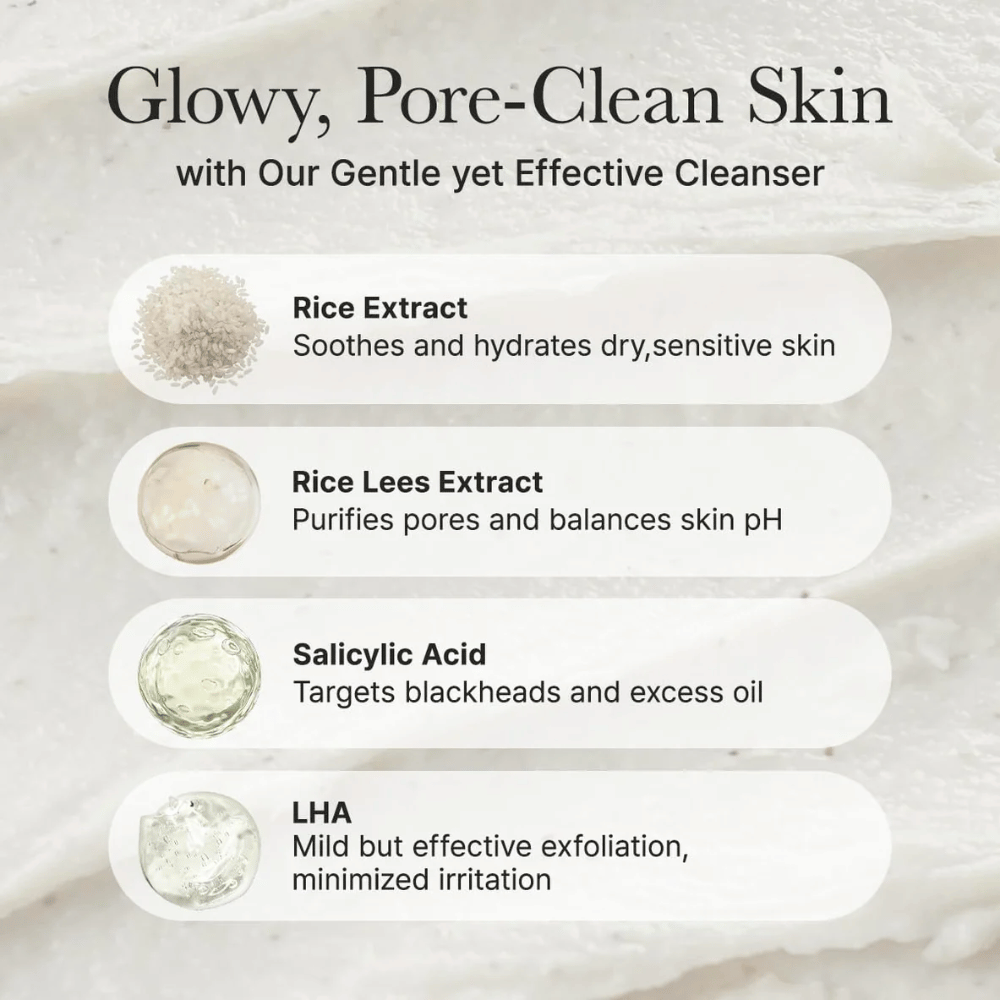 Przegląd składników dla Arencia Rice + LHA Pore Control Rice Cake Cleanser z ekstraktem z ryżu, ekstraktem z osadu ryżowego, kwasem salicylowym i LHA dla kojącego, oczyszczającego pory i równoważącego efektu.