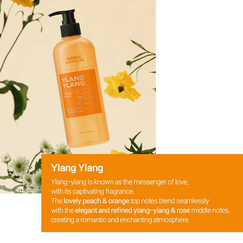 2. KUNDAL Rich Perfume Body Wash Ylang Ylang 500 ml – żel pod prysznic o zapachu brzoskwini, pomarańczy, ylang-ylang, róży, piżma i drzewa sandałowego