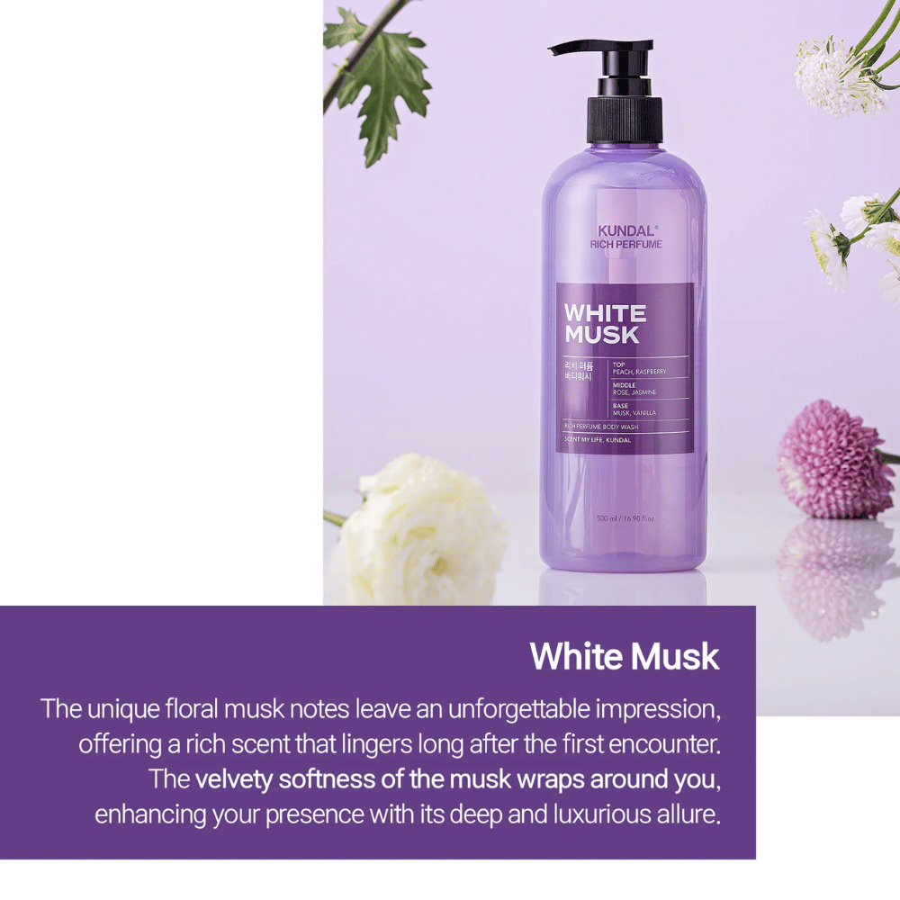 1. KUNDAL Rich Perfume Body Wash White Musk & Ylang Ylang 500 ml – perfumowany żel pod prysznic w dwóch wariantach zapachowych