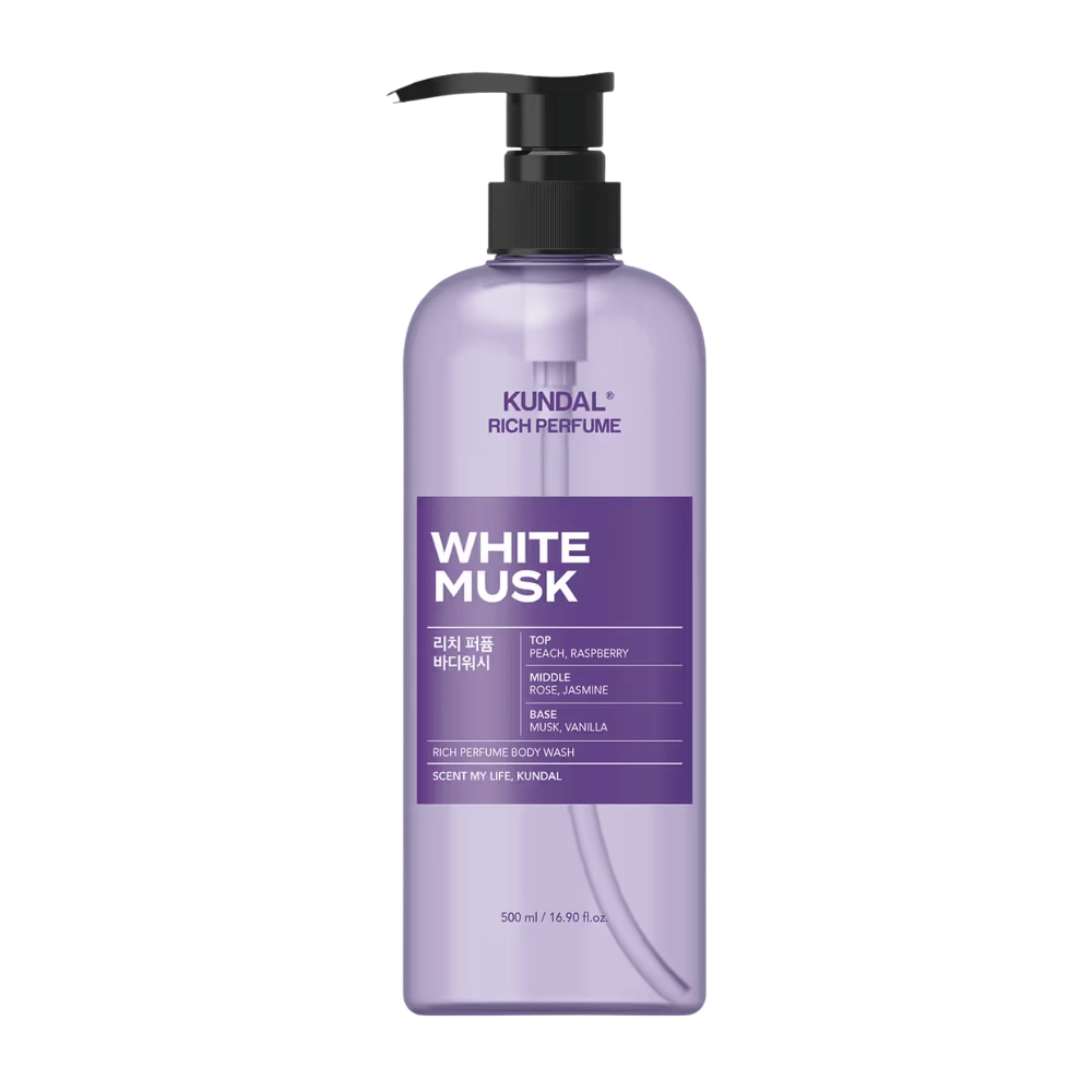 7. KUNDAL Rich Perfume Body Wash White Musk 500 ml – fioletowy żel pod prysznic o zapachu brzoskwini, maliny, róży, jaśminu, piżma i wanilii