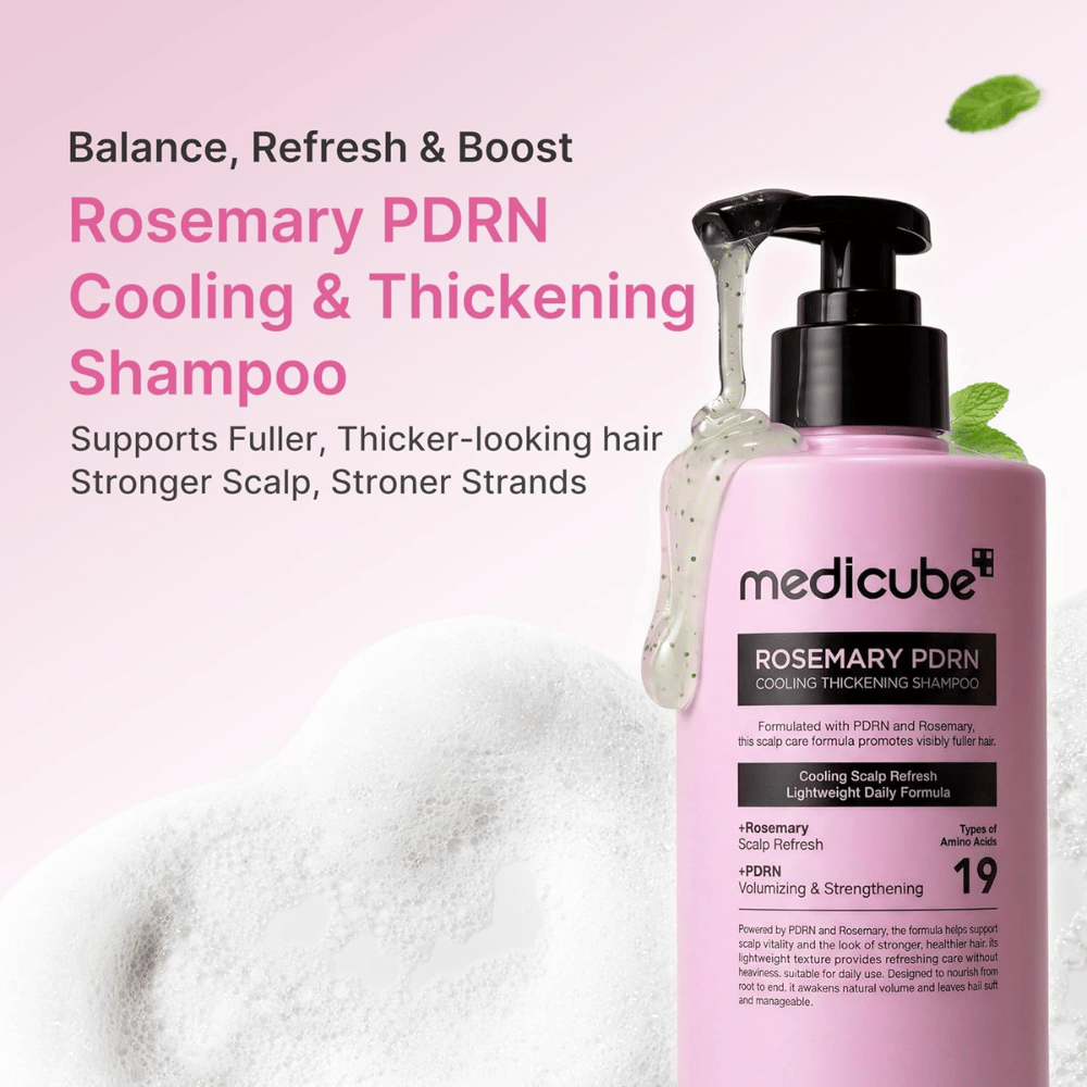 Medicube Rosemary PDRN Cooling Thickening Shampoo który chłodzi skórę głowy i zapewnia grubsze, mocniejsze włosy