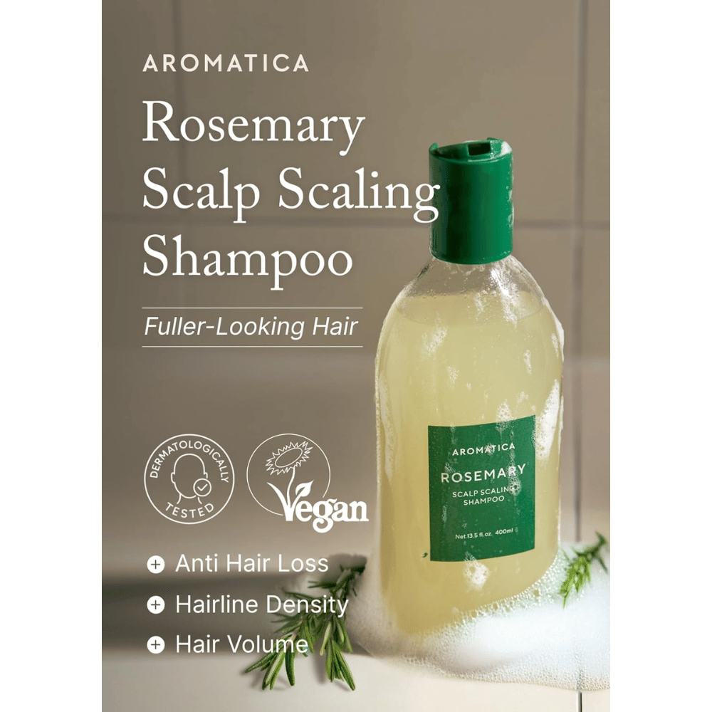 AROMATICA Rosemary Scalp Scaling Shampoo do oczyszczania i złuszczania skóry głowy, co przyczynia się do zmniejszenia wypadania włosów, zwiększenia objętości włosów i zdrowej skóry głowy.