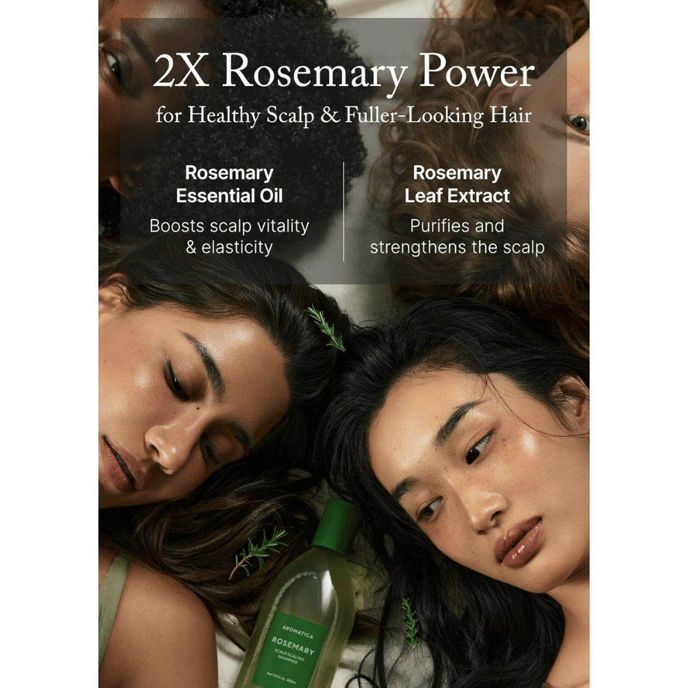 AROMATICA Rosemary Scalp Scaling Shampoo z olejkiem rozmarynowym i ekstraktem z rozmarynu, które wzmacniają skórę głowy, głęboko oczyszczają i wspierają pełniejsze włosy.