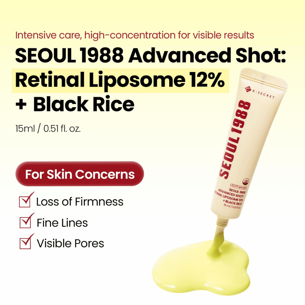 K-SECRET SEOUL 1988 Advanced Shot Retinal Liposome 12% + Black Rice 15 ml – intensywna kuracja retinalowa na drobne linie, widoczne pory i utratę jędrności.