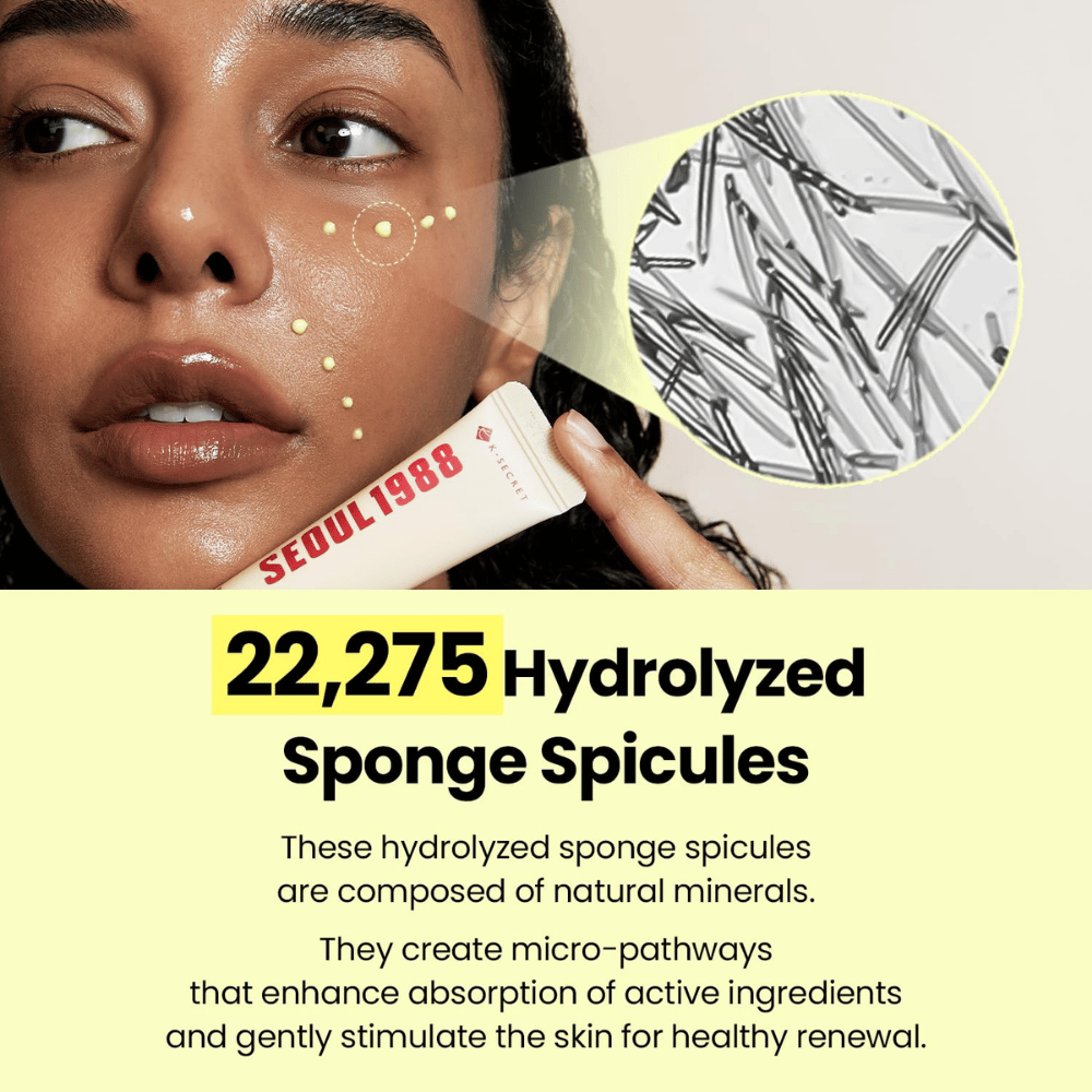 K-SECRET SEOUL 1988 Advanced Shot – formuła z 22 275 hydrolizowanymi igiełkami gąbkowymi, połączona z aktywnymi składnikami pielęgnacyjnymi.