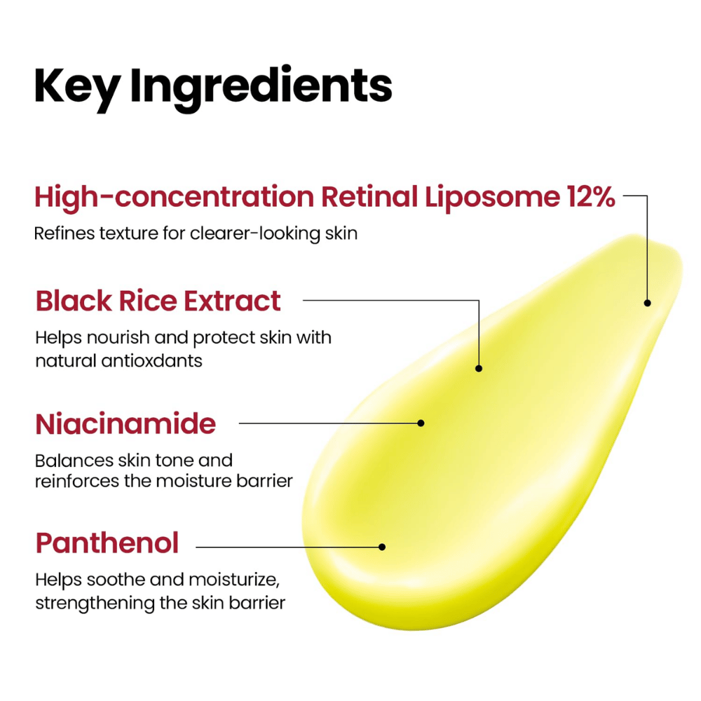 K-SECRET SEOUL 1988 Advanced Shot – skoncentrowana formuła z Retinal Liposome 12%, czarnym ryżem, niacynamidem i pantenolem.