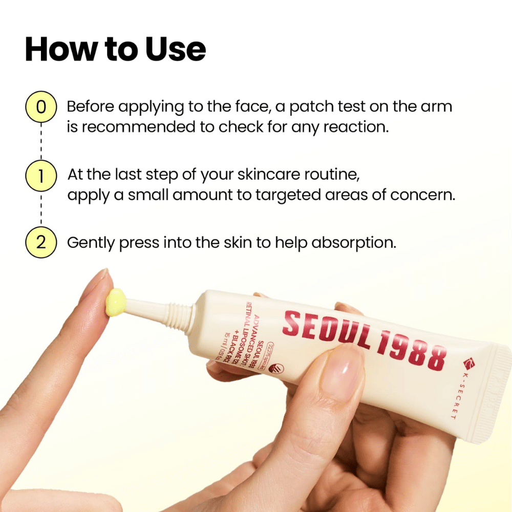 K-SECRET SEOUL 1988 Advanced Shot Retinal Liposome 12% + Black Rice – stosować kurację retinalową jako ostatni krok w rutynie pielęgnacyjnej.