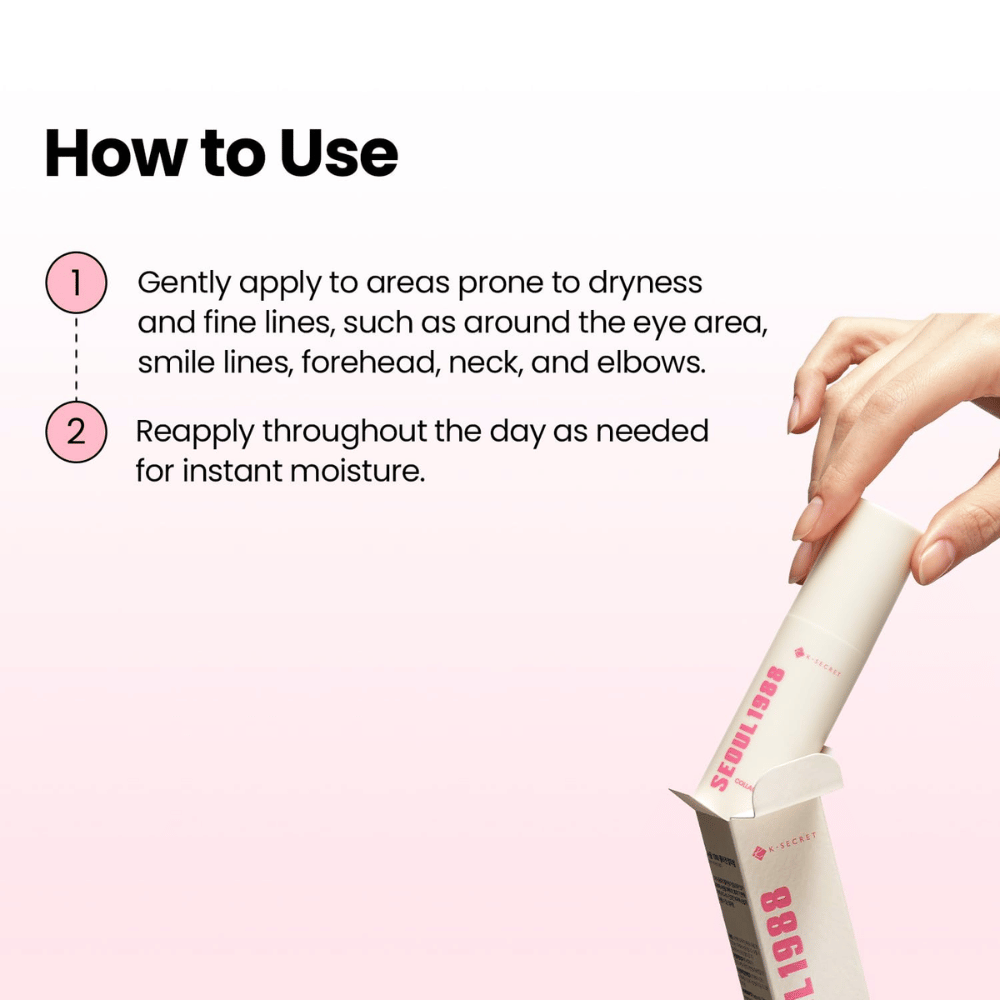 K-SECRET SEOUL 1988 Multi Balm Collagen Complex 7 + Plum – aplikacja nawilżającego balsamu na suche obszary i drobne linie.