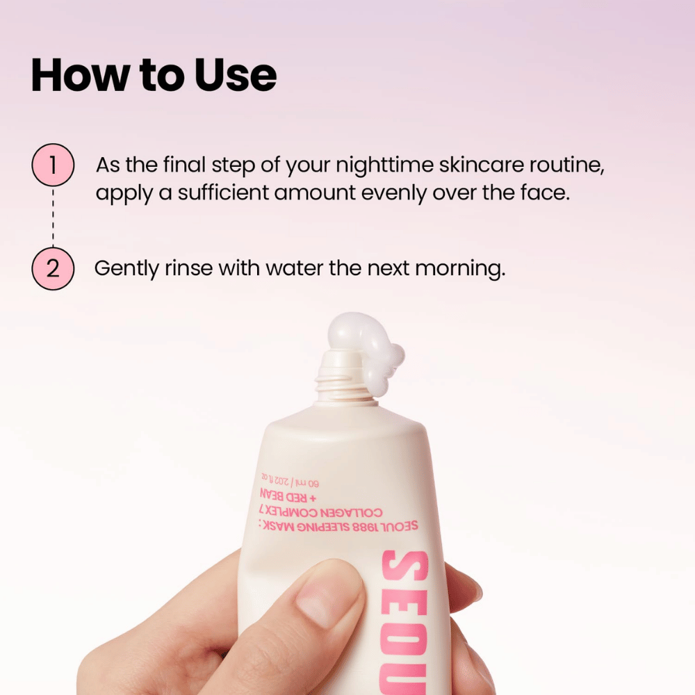 K-SECRET SEOUL 1988 Sleeping Mask – maska na noc z Collagen Complex 7 i Red Bean, nakładana jako ostatni krok wieczornej pielęgnacji.