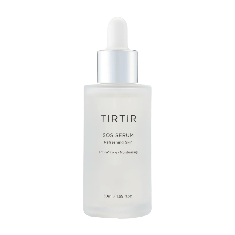 Butelka z TIRTIR SOS Serum, przeznaczona do odświeżającej i nawilżającej pielęgnacji skóry.