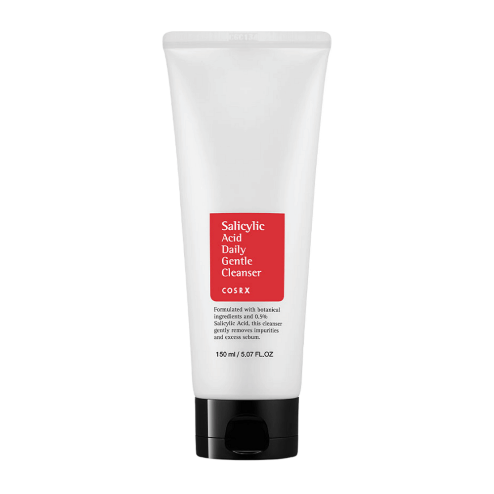 COSRX Salicylic Acid Daily Gentle Cleanser 150 ml w białej tubie z czarną nakrętką i czerwoną etykietą.