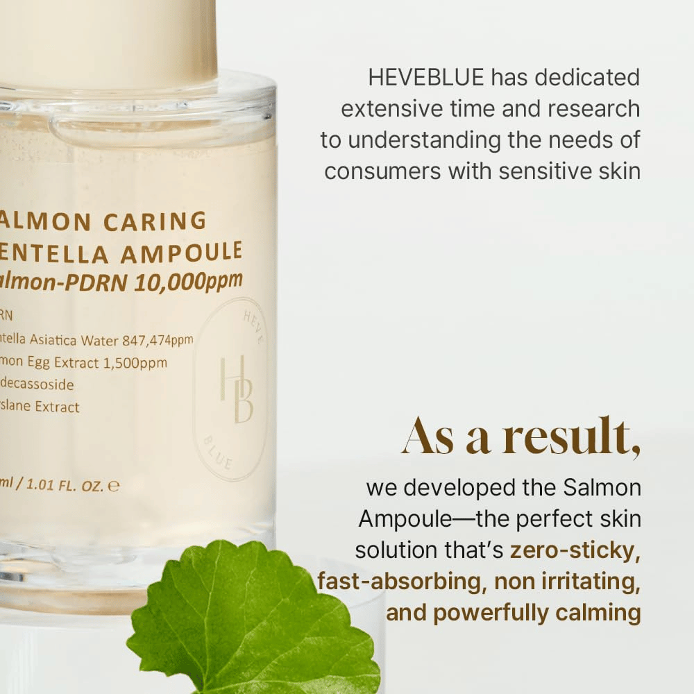 Heveblue Salmon Caring Centella Ampoule – szybko wchłaniające się PDRN-serum z centellą dla wrażliwej skóry, łagodzi podrażnienia i odbudowuje barierę skórną